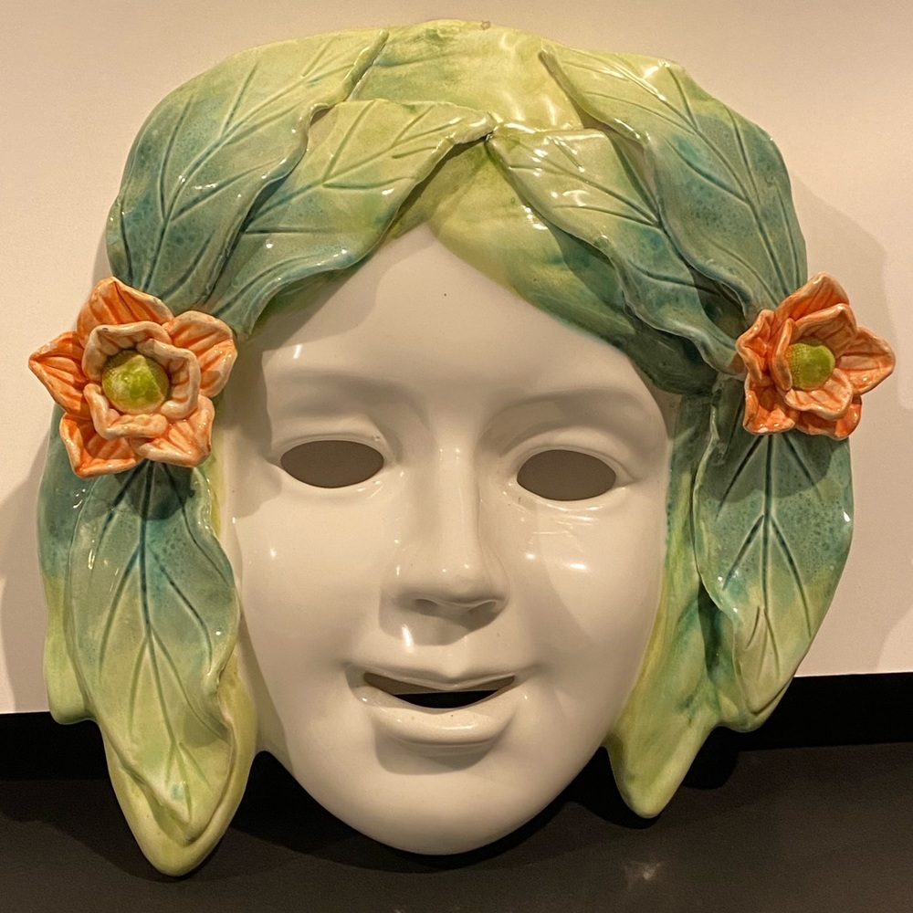 Ceramic Art Pottery Girl Flowers Face Mask Wall Decor Hand-Painted